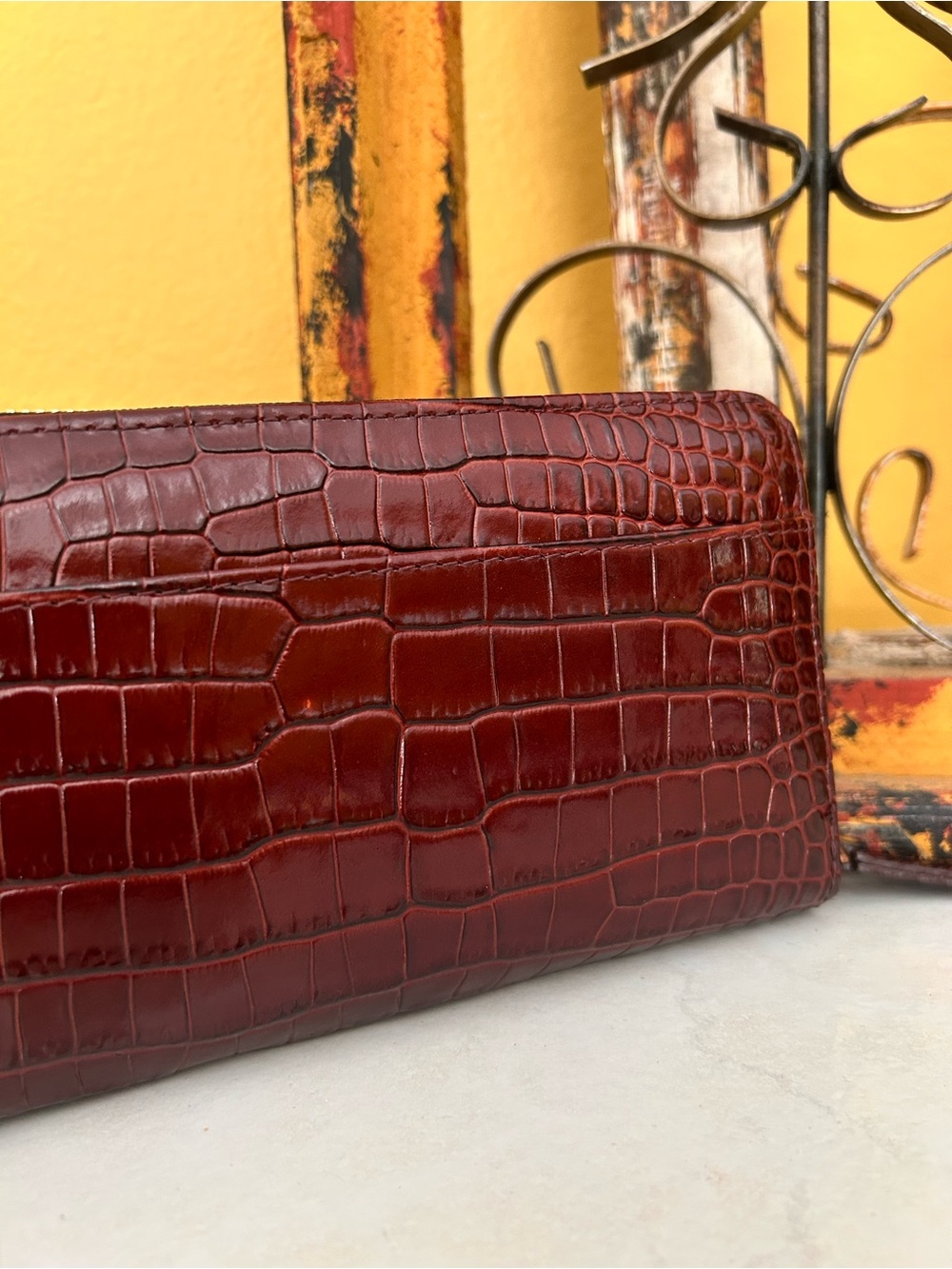 Sézane Victoria Wallet | Burgundy Crocodile Print Leather | Made in Portugal - Picture 6 of 11